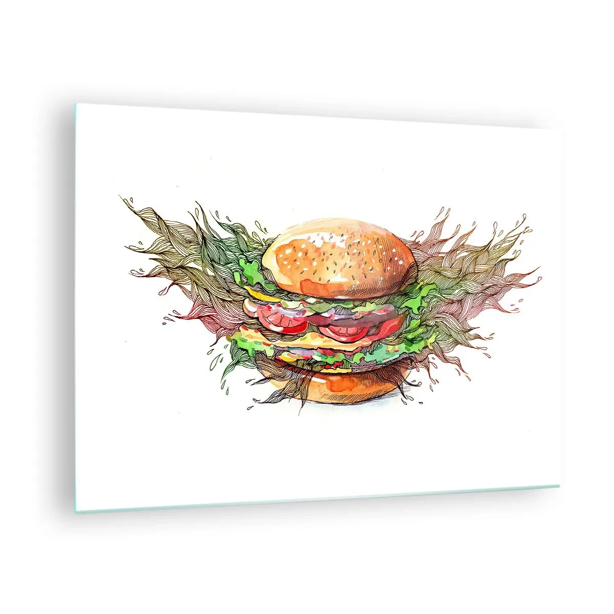 Impression sur verre - Image sur verre - Dessin artistique d'un hamburger avec des détails à l'aquarelle - 70x50cm - Tentation chaude - Décoration murale moderne pour le salon et la chambre ARTTOR