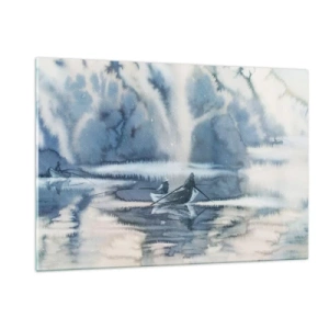 Impression sur verre - Image sur verre - Deux pêcheurs sur un bateau entourés d'un paysage brumeux - 120x80cm - Les pêcheurs dans leur paradis - Décoration murale moderne pour le salon et la chambre ARTTOR