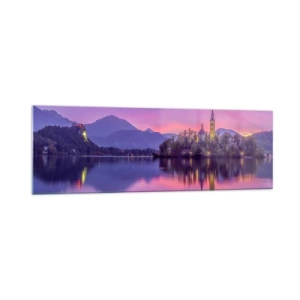 Impression sur verre - Image sur verre - Lac avec une île et une église au coucher du soleil - 160x50cm - Une île de conte de fées au crépuscule - Décoration murale moderne pour le salon et la chambre ARTTOR