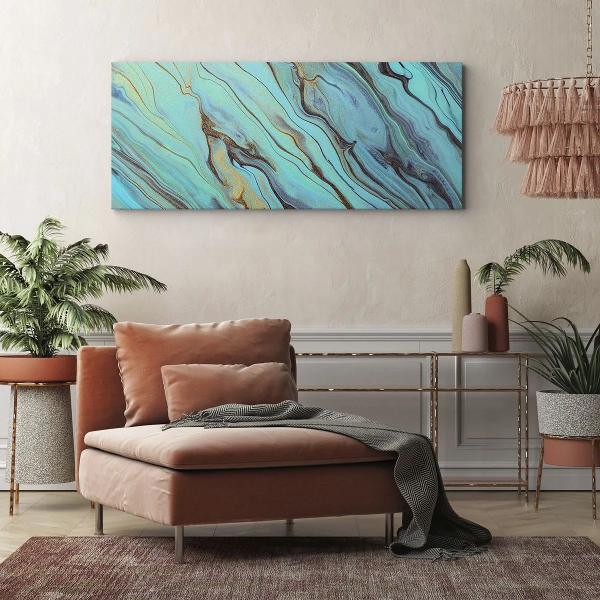 Impression sur toile - Image sur toile - Vagues abstraites dans des tons turquoise et or - 140x50cm - Marée turquoise - Décoration murale moderne pour le salon et la chambre ARTTOR