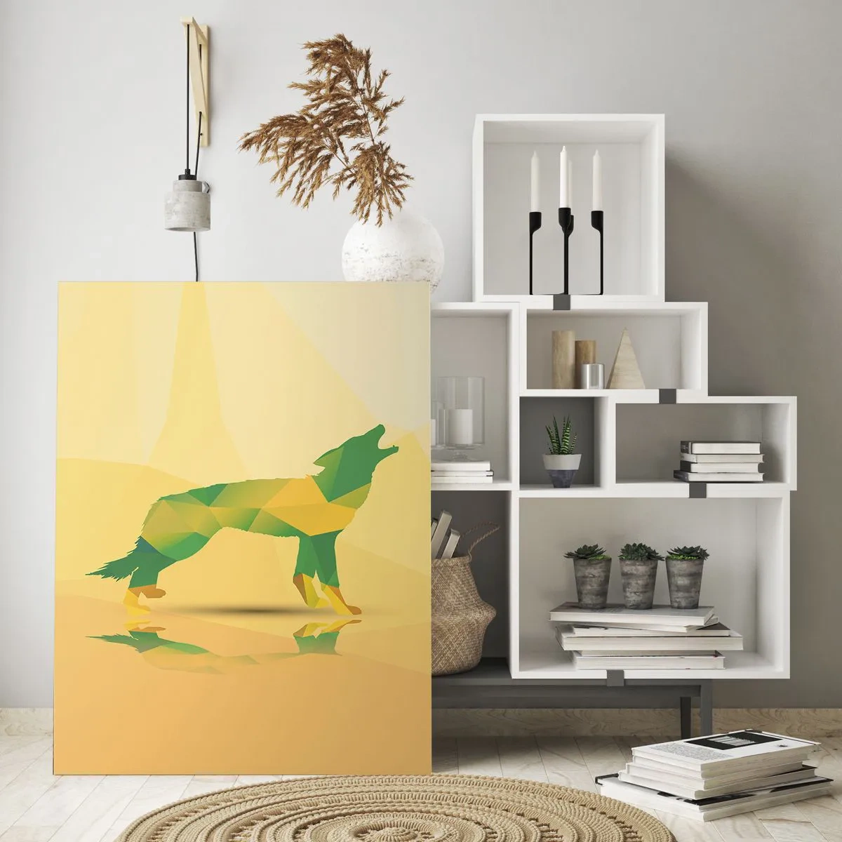 Impression sur verre - Image sur verre - Silhouette de loup géométrique dans les tons verts et jaunes - 80x120cm - Loup solitaire - Décoration murale moderne pour le salon et la chambre ARTTOR