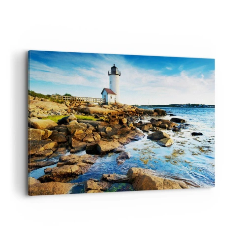 Impression sur toile - Image sur toile - Un phare sur une côte rocheuse par une journée ensoleillée - 100x70cm - Revenez heureux, j'attends - Décoration murale moderne pour le salon et la chambre ARTTOR