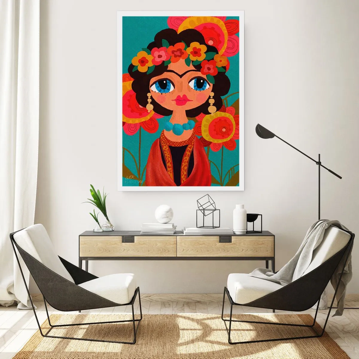 Affiche - Poster - Portrait coloré d'une femme en style folklorique et une couronne de fleurs - 50x70cm - Mademoiselle coquelicot - Décoration murale moderne pour le salon et la chambre ARTTOR