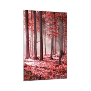 Impression sur verre - Image sur verre - Une forêt époustouflante aux teintes rouges avec des rayons de lumière pénétrant à travers les arbres - 70x100cm - Le rouge est tout aussi beau - Décoration murale moderne pour le salon et la chambre ARTTOR