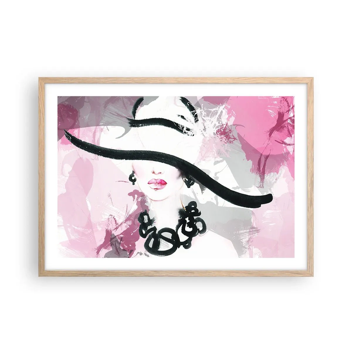 Affiche dans un chêne clair - Poster - Portrait d'une dame en noir et rose - 70x50 cm