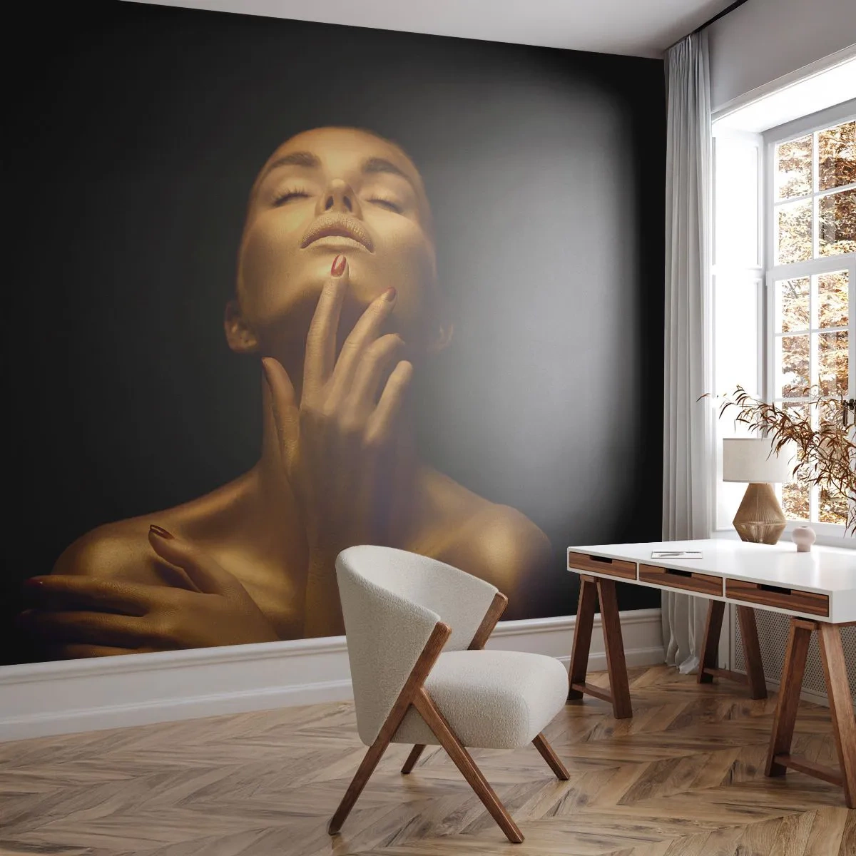 Papier Peint Photo Premium Sand - Comme de la soie dorée - Femme, Visage de femme, Corps - 300x210 cm