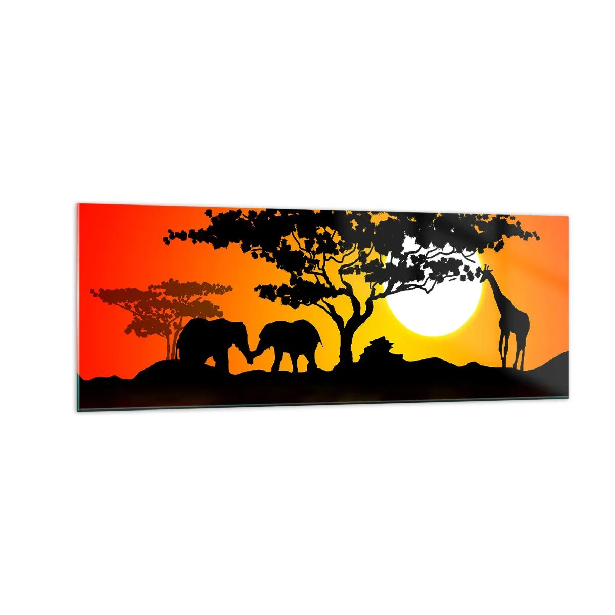 Impression sur verre - Image sur verre - Coucher de soleil africain avec des silhouettes d'éléphants et de girafes au-dessus de l'eau - 140x50cm - Rencontre dans la savane - Décoration murale moderne pour le salon et la chambre ARTTOR