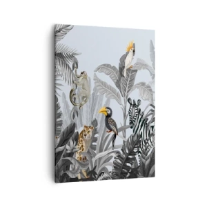 Impression sur toile - Image sur toile - Jungle tropicale avec des animaux exotiques sur fond gris - 50x70cm - Conte de fées africain - Décoration murale moderne pour le salon et la chambre ARTTOR