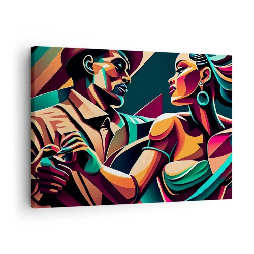Impression sur toile - Image sur toile - Un couple stylisé dansant dans des couleurs vibrantes et géométriques. - 70x50cm - Au rythme du coeur - Décoration murale moderne pour le salon et la chambre ARTTOR