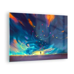 Impression sur verre - Image sur verre - Une personne tenant des ballons colorés sur un fond de vent bleu. - 70x50cm - Au vent bleu ciel - Décoration murale moderne pour le salon et la chambre ARTTOR