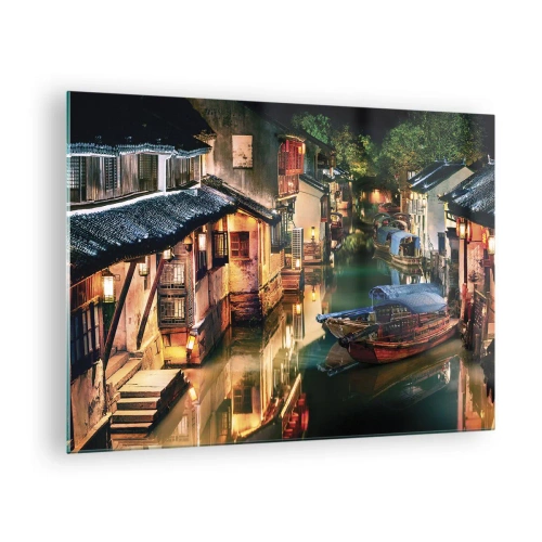 Impression sur verre - Image sur verre - Rue chinoise la nuit avec des bateaux et des lumières le long du canal - 70x50cm - Soirée dans une rue chinoise - Décoration murale moderne pour le salon et la chambre ARTTOR