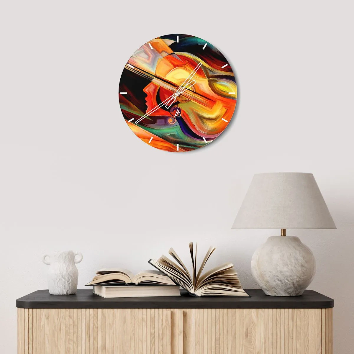 Horloge murale - Pendule murale - Une peinture abstraite d'une guitare et d'un visage aux couleurs chaudes. - 30x30cm - Tout va bien - Décoration murale moderne pour le salon, la cuisine et la chambre ARTTOR