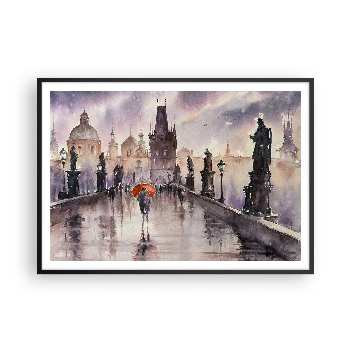 Affiche dans un cadre noir - Poster - Vue romantique d'un pont avec un parapluie sur fond de ville en soirée - 100x70cm - Les gens ne changent pas - Décoration murale moderne pour le salon et la chambre ARTTOR