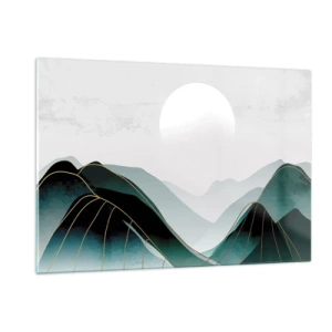 Impression sur verre - Image sur verre - Paysage de montagne avec un soleil blanc et des lignes dorées - 120x80cm - En pleine majesté - Décoration murale moderne pour le salon et la chambre ARTTOR