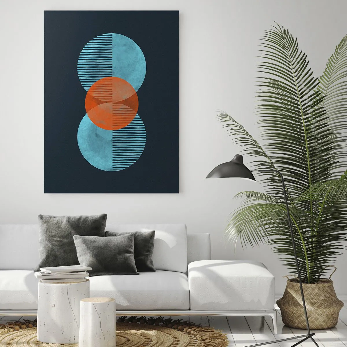 Impression sur verre - Image sur verre - Cercles géométriques dans les tons bleu et orange - 70x100cm - Composition symétrique - Décoration murale moderne pour le salon et la chambre ARTTOR
