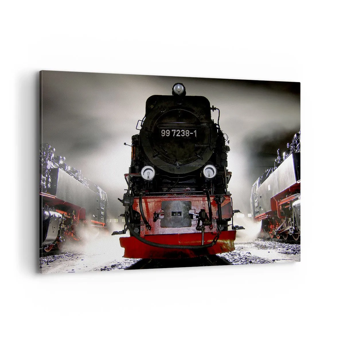 Impression sur toile - Image sur toile - Une locomotive à vapeur entourée de vapeur sur un ciel sombre dans un décor atmosphérique - 120x80cm - Il se lève et siffle, halète et souffle - Décoration murale moderne pour le salon et la chambre ARTTOR
