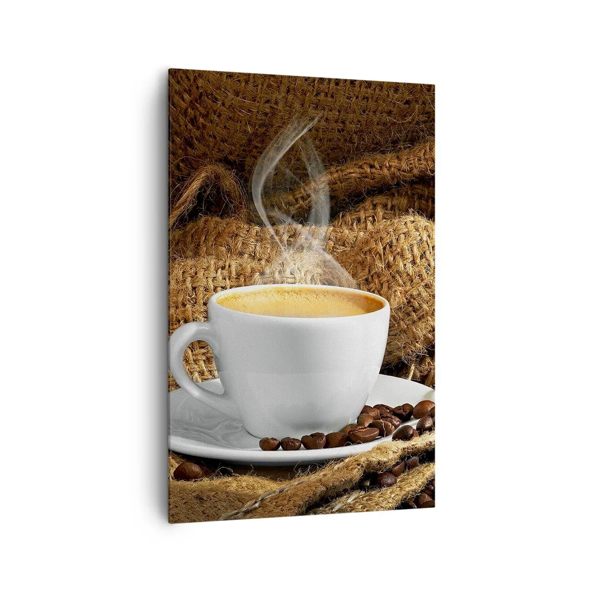 Impression sur toile - Image sur toile - Une tasse de café entourée d'un sac de grains de café - 80x120cm - L'odeur du moka et la densité du miel liquide - Décoration murale moderne pour le salon et la chambre ARTTOR