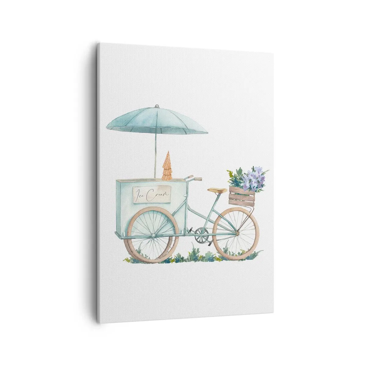 Impression sur toile - Image sur toile - Un vélo avec de la glace et des fleurs sous un parapluie aux couleurs pastel délicates - 50x70cm - Doux souvenir d'été - Décoration murale moderne pour le salon et la chambre ARTTOR