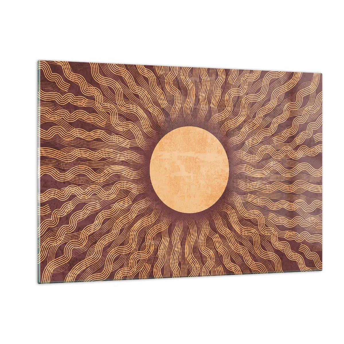 Impression sur verre - Image sur verre - Un soleil stylisé avec des rayons en forme de lignes ondulées sur un fond marron. - 120x80cm - Icône du soleil - Décoration murale moderne pour le salon et la chambre ARTTOR