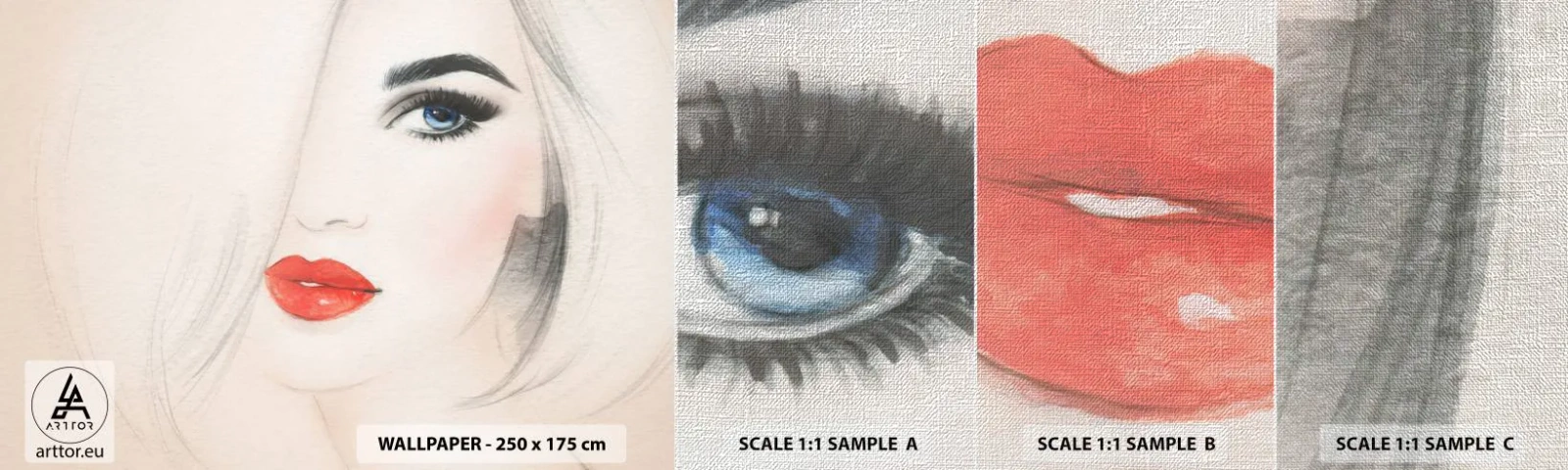 Échantillon de Papier Peint Premium Canvas - Il hypnotise et enivre - Portrait d'une femme, Visage de femme, lèvres rouges - 100x30 cm