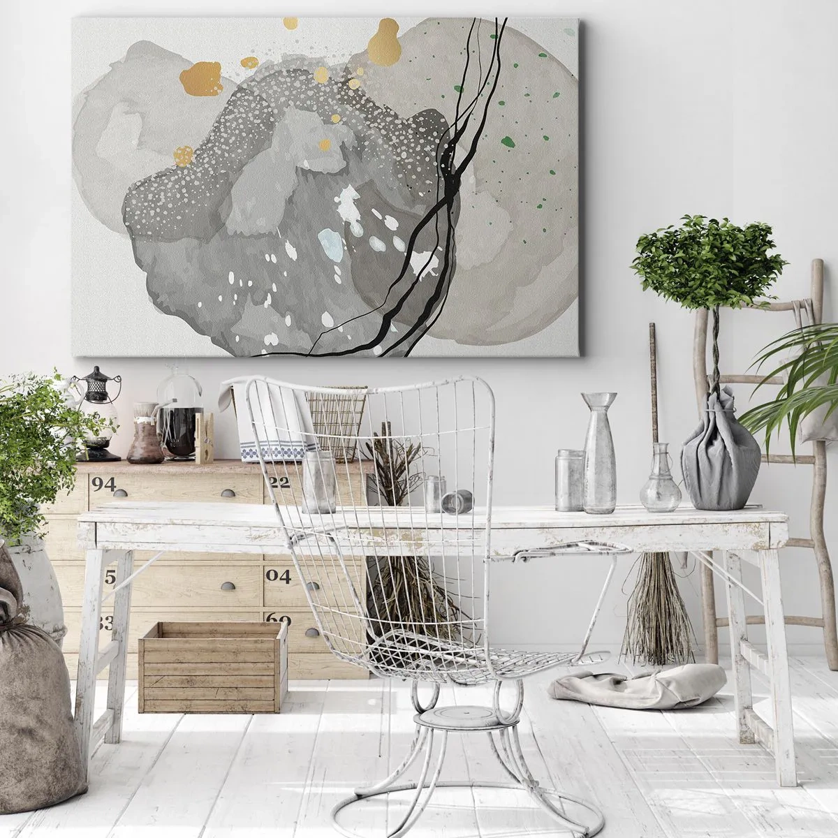 Impression sur toile - Image sur toile - Formes organiques dans des tons de gris avec des accents de noir et d'or - 120x80cm - Composition organique - Décoration murale moderne pour le salon et la chambre ARTTOR