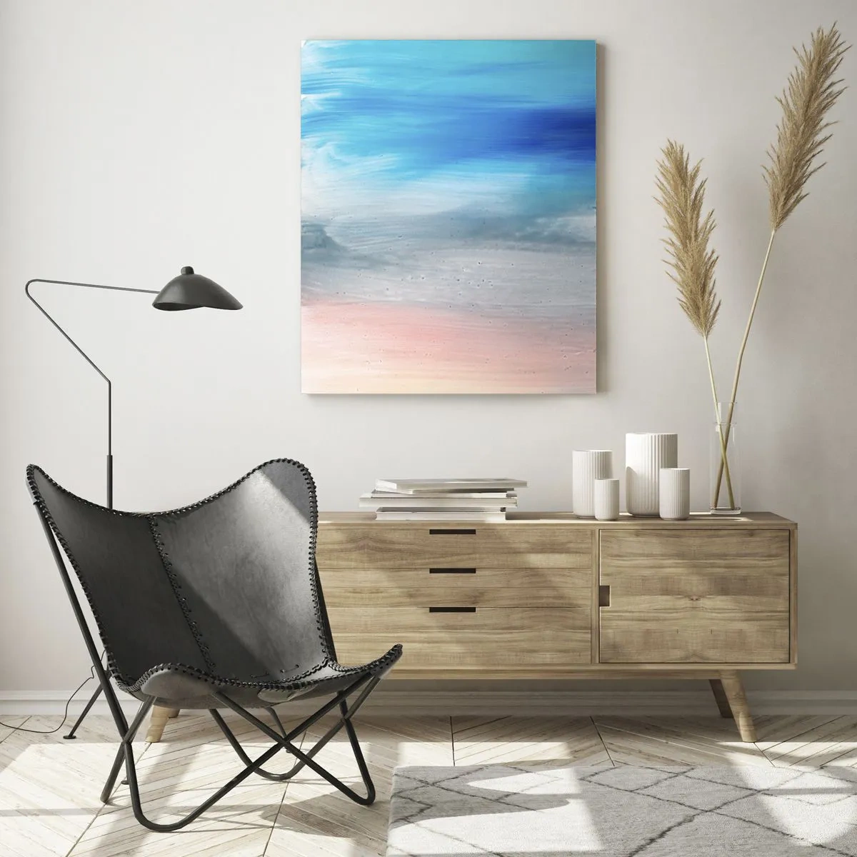 Impression sur verre - Image sur verre - Coups de pinceau abstraits dans des tons de bleu et de rose - 70x100cm - Éléments : air - Décoration murale moderne pour le salon et la chambre ARTTOR