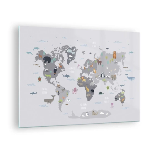 Impression sur verre - Image sur verre - Carte du monde illustrée avec des animaux caractéristiques - 70x50cm - Dis-moi d'où tu viens... - Décoration murale moderne pour le salon et la chambre ARTTOR