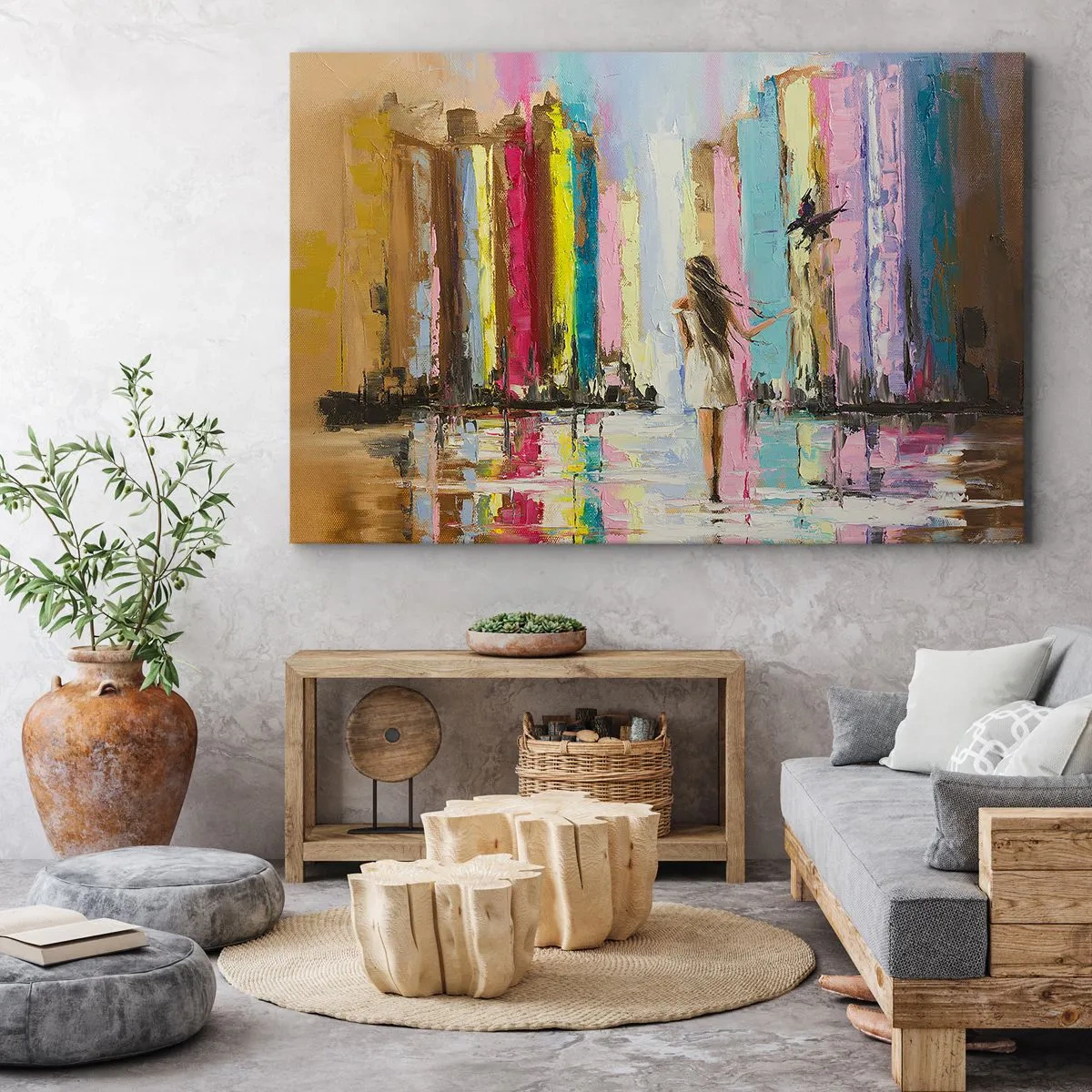 Impression sur toile - Image sur toile - Une ville colorée et une femme en robe blanche avec un oiseau - 100x70cm - Viens avec moi - Décoration murale moderne pour le salon et la chambre ARTTOR