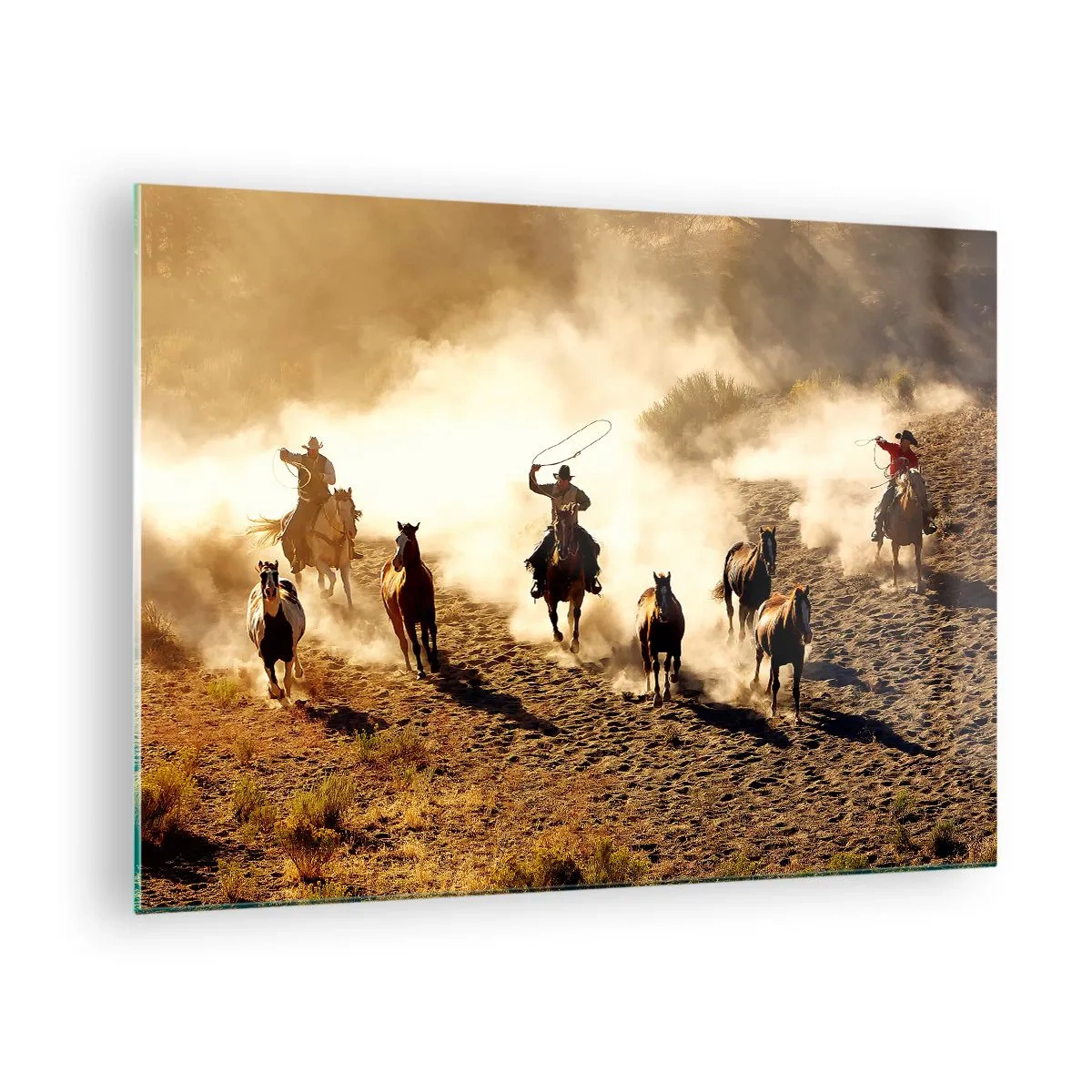 Impression sur verre - Image sur verre - Cowboys à cheval dans la poussière lors d'un rodéo - 70x50cm - L'ouest vraiment sauvage - Décoration murale moderne pour le salon et la chambre ARTTOR