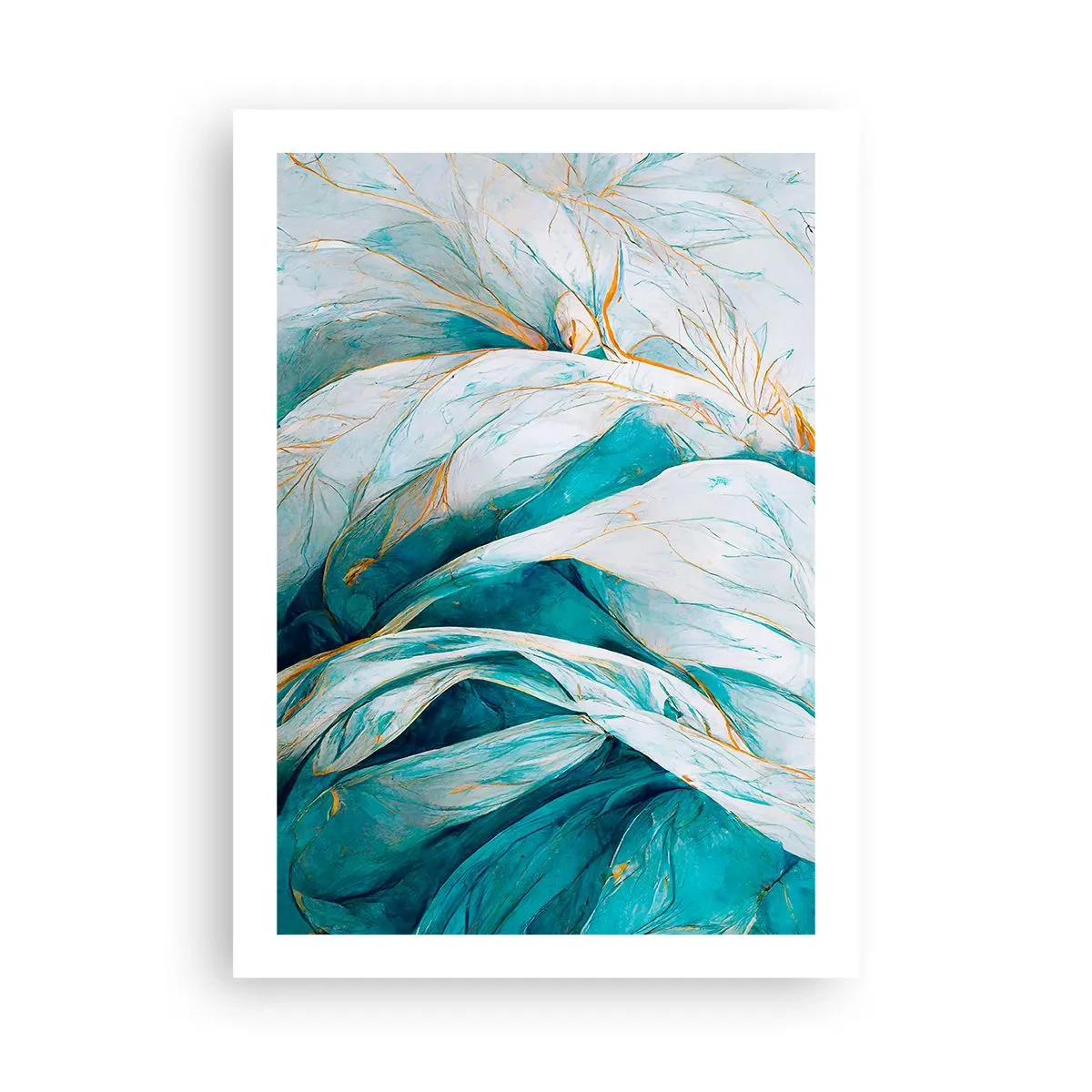 Affiche - Poster - Feuilles abstraites dans des tons turquoise et blanc avec de l'or délicat - 50x70cm - Abstraction bleue avec un motif doré - Décoration murale moderne pour le salon et la chambre ARTTOR