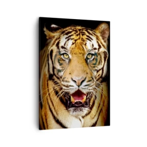 Impression sur toile - Image sur toile - Un tigre avec la gueule ouverte sur un fond noir - 50x70cm - Le coeur sauvageon - Décoration murale moderne pour le salon et la chambre ARTTOR