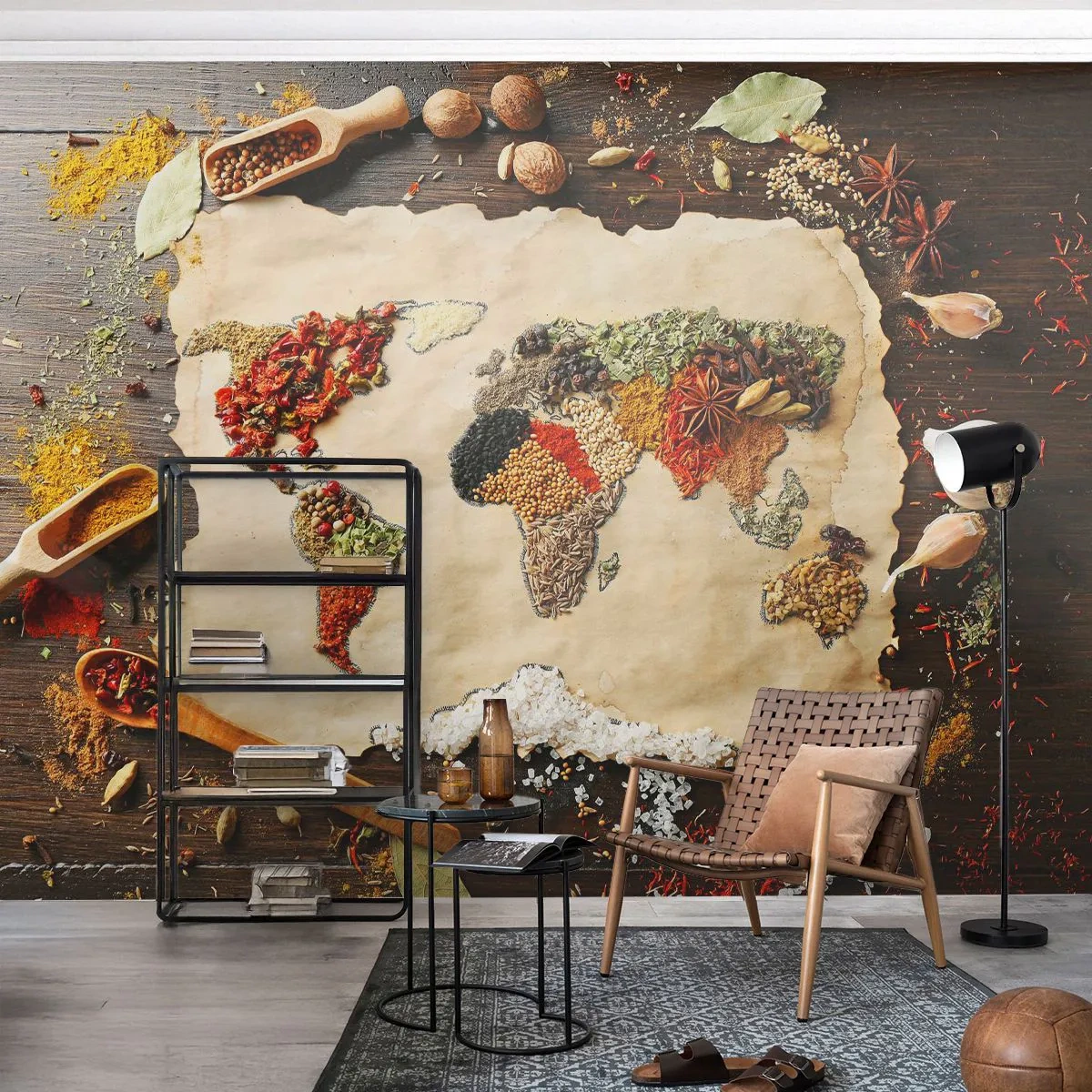 Papier Peint Photo Standard Eco - Une carte du monde faite d'épices sur une table en bois - 100x70cm - Toutes les saveurs du monde - Décoration murale moderne pour le salon et la chambre ARTTOR