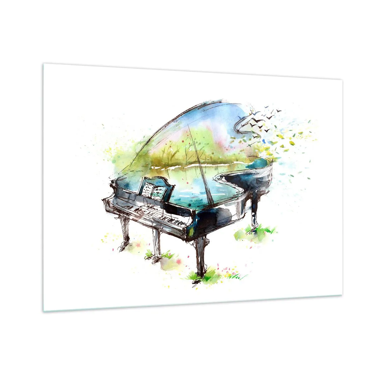 Impression sur verre - Image sur verre - Aquarelle d'un piano entouré de nature - 100x70cm - Enchanté en musique - Décoration murale moderne pour le salon et la chambre ARTTOR