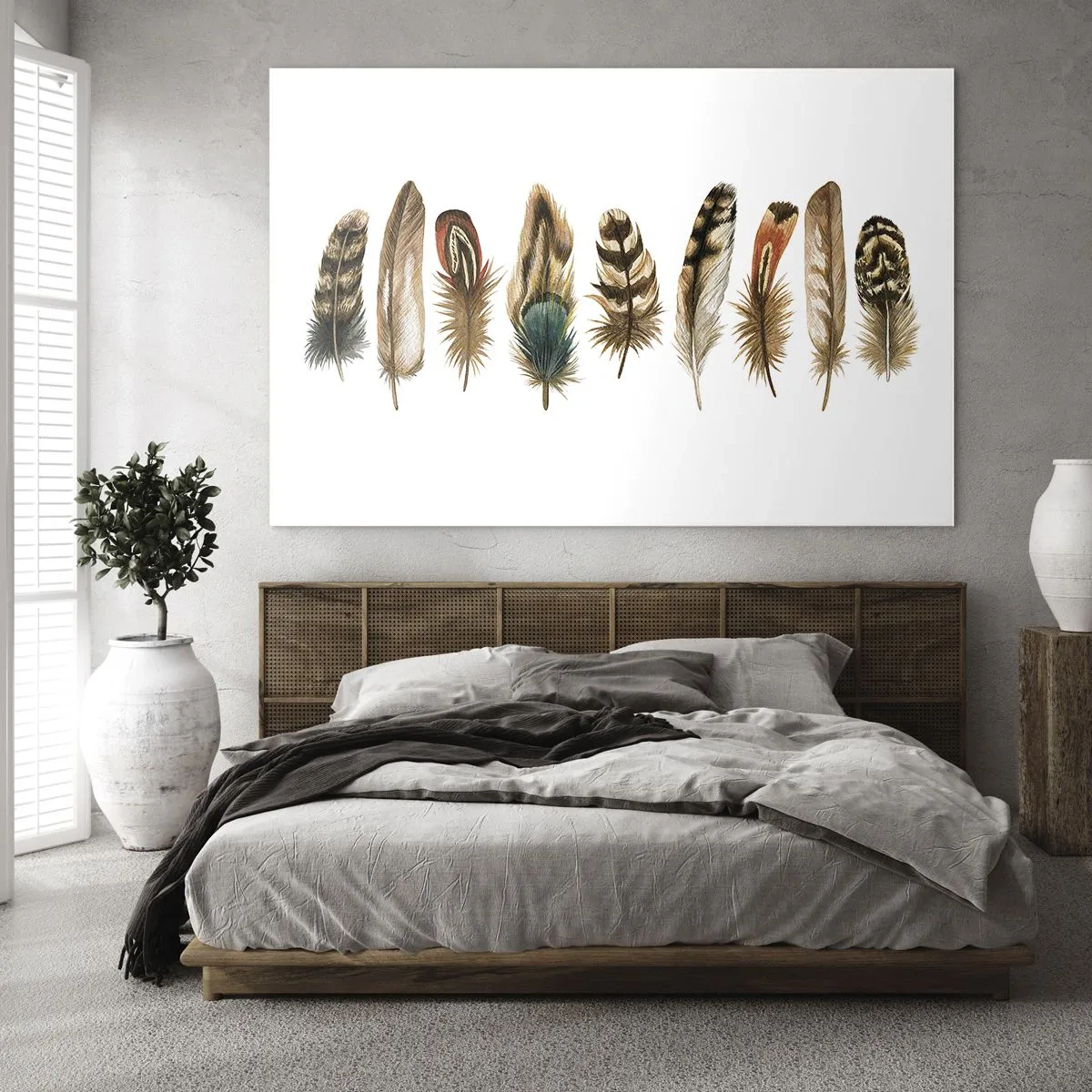 Impression sur verre - Image sur verre - Une composition de plumes colorées sur fond blanc - 120x80cm - Variation à plumes - Décoration murale moderne pour le salon et la chambre ARTTOR