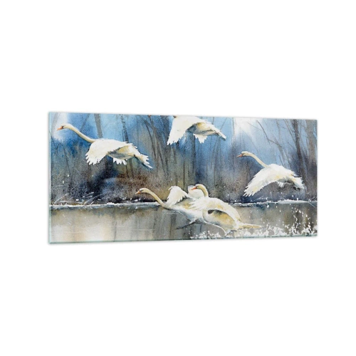 Impression sur verre - Image sur verre - Cygnes en vol au-dessus d'un lac gelé dans un paysage hivernal - 120x50cm - Comme dans un conte de fées sur les cygnes sauvages - Décoration murale moderne pour le salon et la chambre ARTTOR