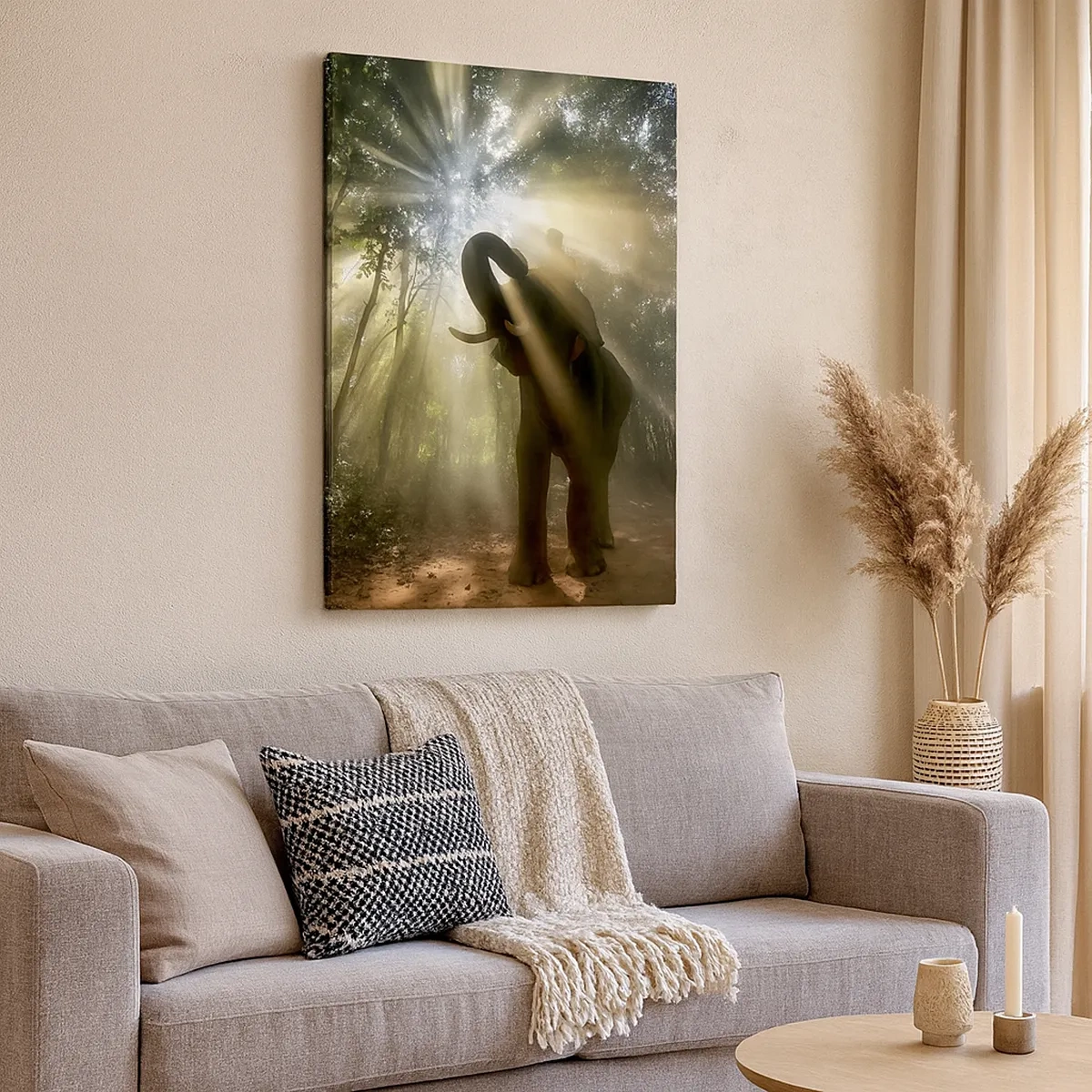 Impression sur toile - Image sur toile - Un éléphant dans la forêt entouré de rayons de lumière dans la brume matinale - 50x70cm - Sous la bonne étoile - Décoration murale moderne pour le salon et la chambre ARTTOR