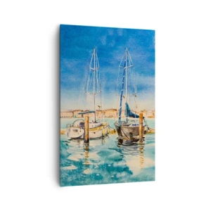 Impression sur toile - Image sur toile - Marina avec bateaux sur fond de lagon bleu - 80x120cm - Lagune ensoleillée - Décoration murale moderne pour le salon et la chambre ARTTOR