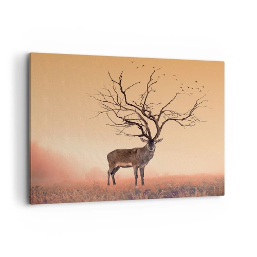 Impression sur toile - Image sur toile - Un graphique de cerf fantaisie avec des branches au lieu de bois - 100x70cm - Cerf de Pra - l'esprit éternel de la forêt - Décoration murale moderne pour le salon et la chambre ARTTOR
