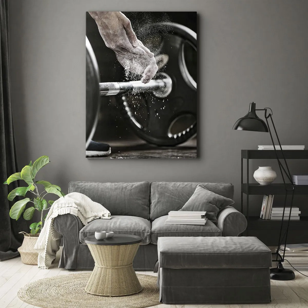 Impression sur toile - Image sur toile - Des haltères et les mains d'un athlète se préparant à l'entraînement - 70x100cm - Défi accepté! - Décoration murale moderne pour le salon et la chambre ARTTOR