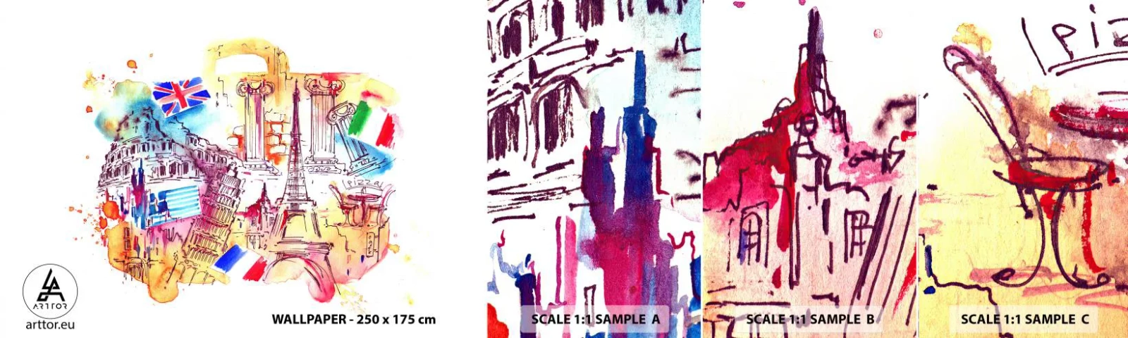 Échantillon De Papier Peint Standard Eco - Tournée européenne - Abstraction, Voyages, Valise - 100x30 cm