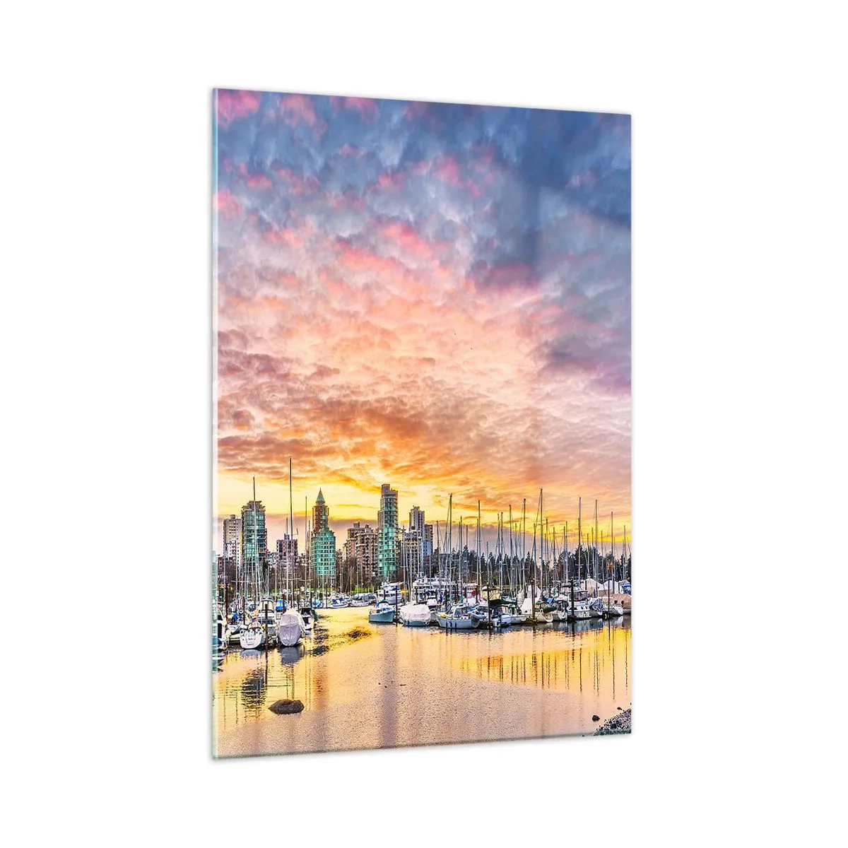 Impression sur verre - Image sur verre - Coucher de soleil sur la marina avec bateaux et gratte-ciels - 50x70cm - La cité aux mille marins - Décoration murale moderne pour le salon et la chambre ARTTOR
