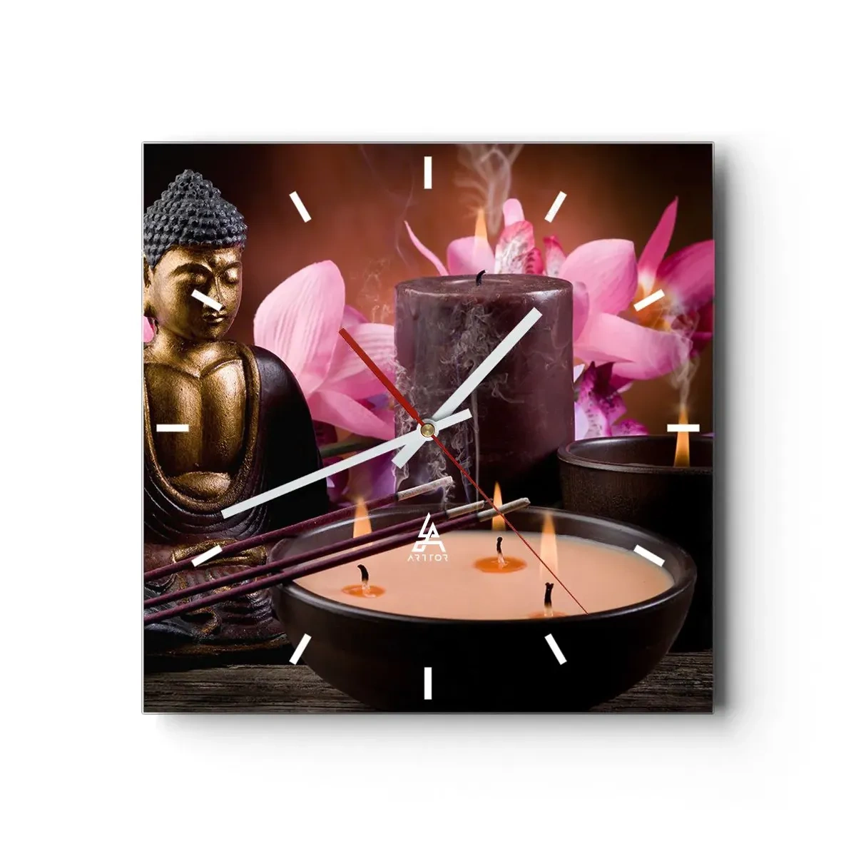 Horloge murale - Pendule murale - Figurine de Bouddha avec bougies allumées et bâtons d'encens - 30x30cm - Vider l'esprit, calmer le corps - Décoration murale moderne pour le salon et la chambre ARTTOR