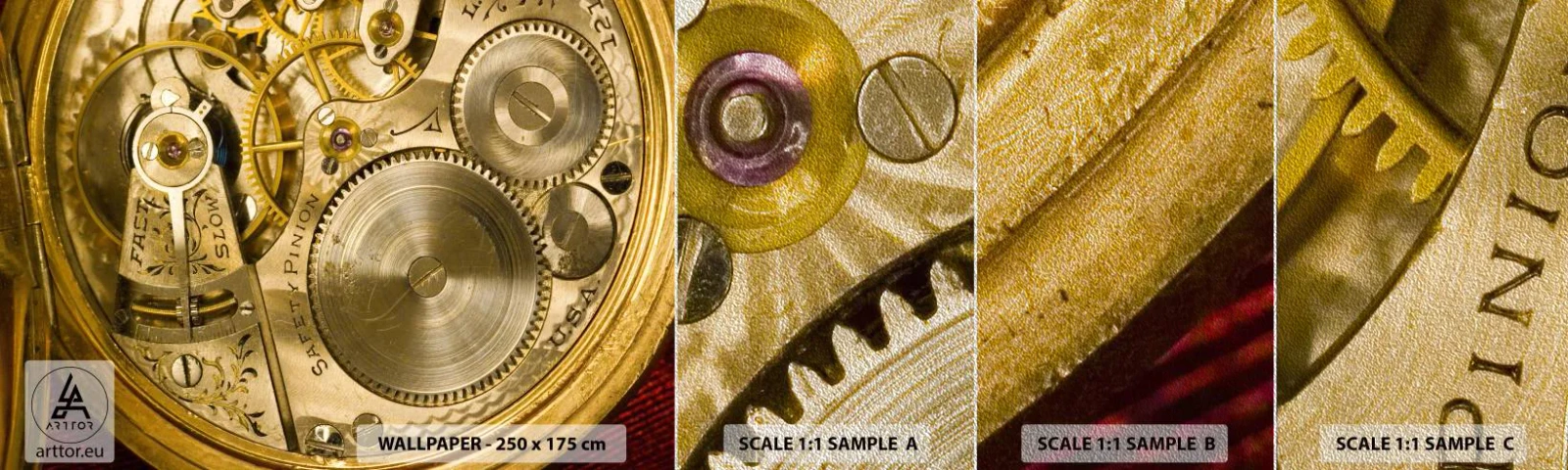 Échantillon de Papier Peint Premium Sand - Marcher avec son temps - Horloge, Mécanisme d'horloge, Ancien - 100x30 cm