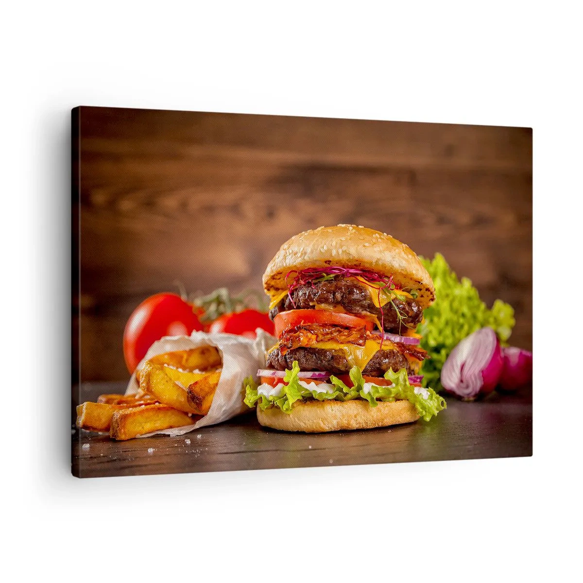 Impression sur toile - Image sur toile - Burger appétissant avec extras - 70x50cm - Le fruit défendu - Décoration murale moderne pour le salon et la chambre ARTTOR