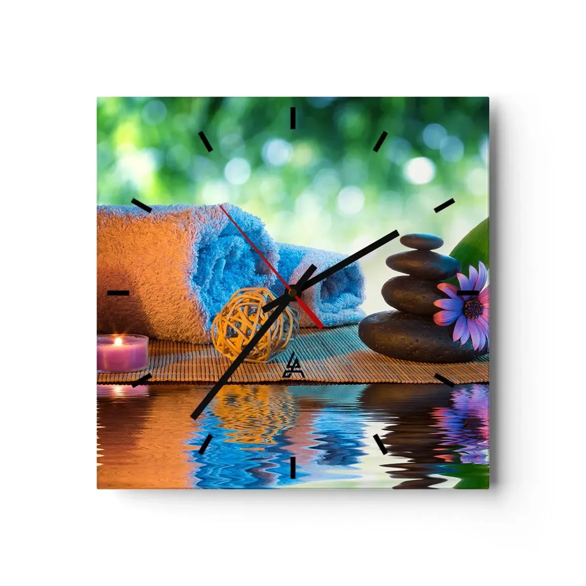 Horloge murale - Pendule murale - Ensemble SPA relaxant avec serviettes, bougies et pierres - 30x30cm - Temps pour le corps - Décoration murale moderne pour le salon et la chambre ARTTOR