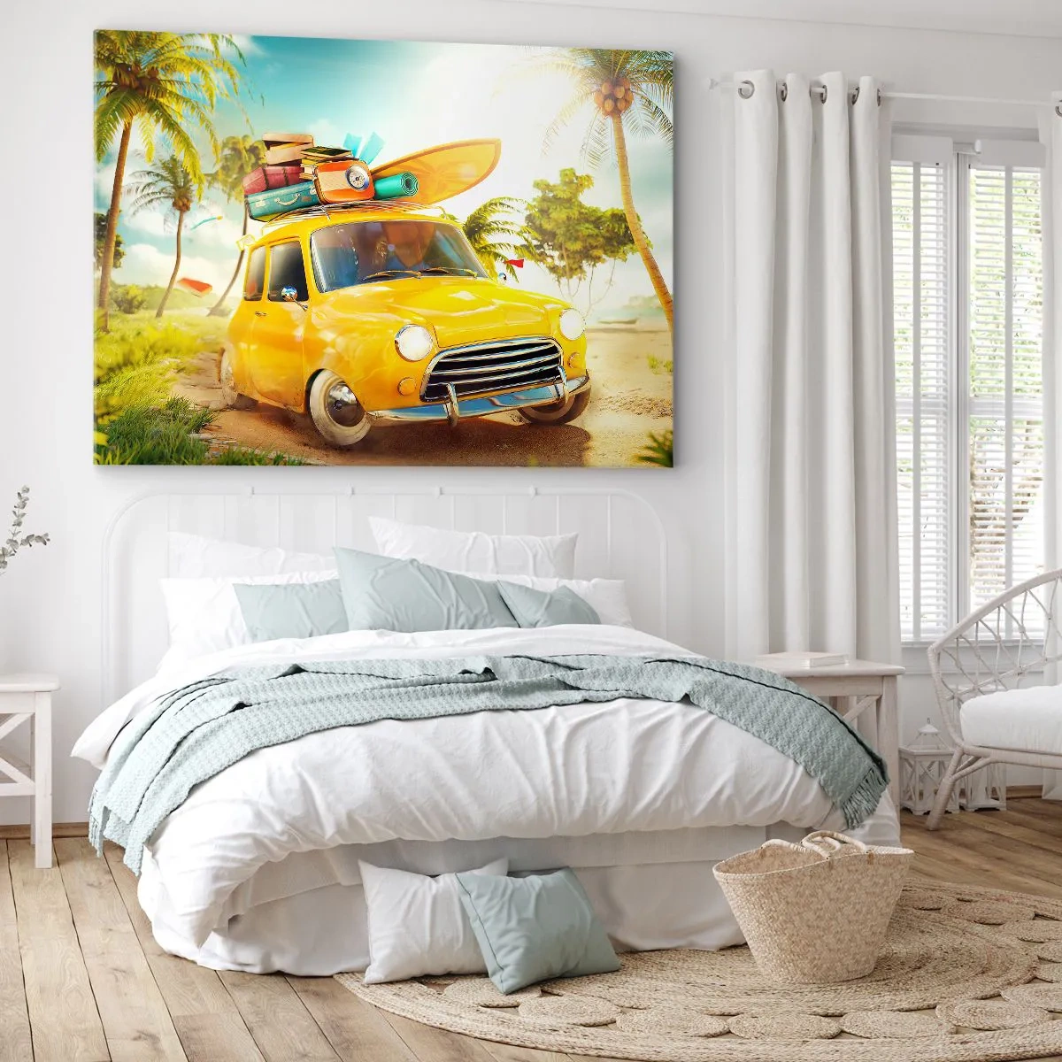 Impression sur toile - Image sur toile - Une voiture jaune avec des bagages dans un paysage tropical - 120x80cm - Un voyage pour plus d'un sourire - Décoration murale moderne pour le salon et la chambre ARTTOR
