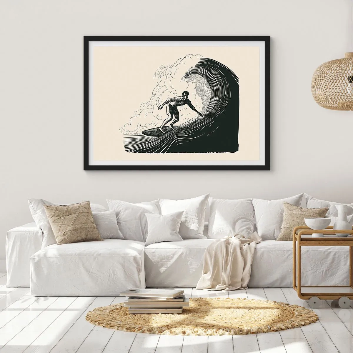 Affiche dans un cadre noir - Poster - Graphique en noir et blanc d'un surfeur sur une vague - 70x50cm - Le roi de la vague - Décoration murale moderne pour le salon et la chambre ARTTOR