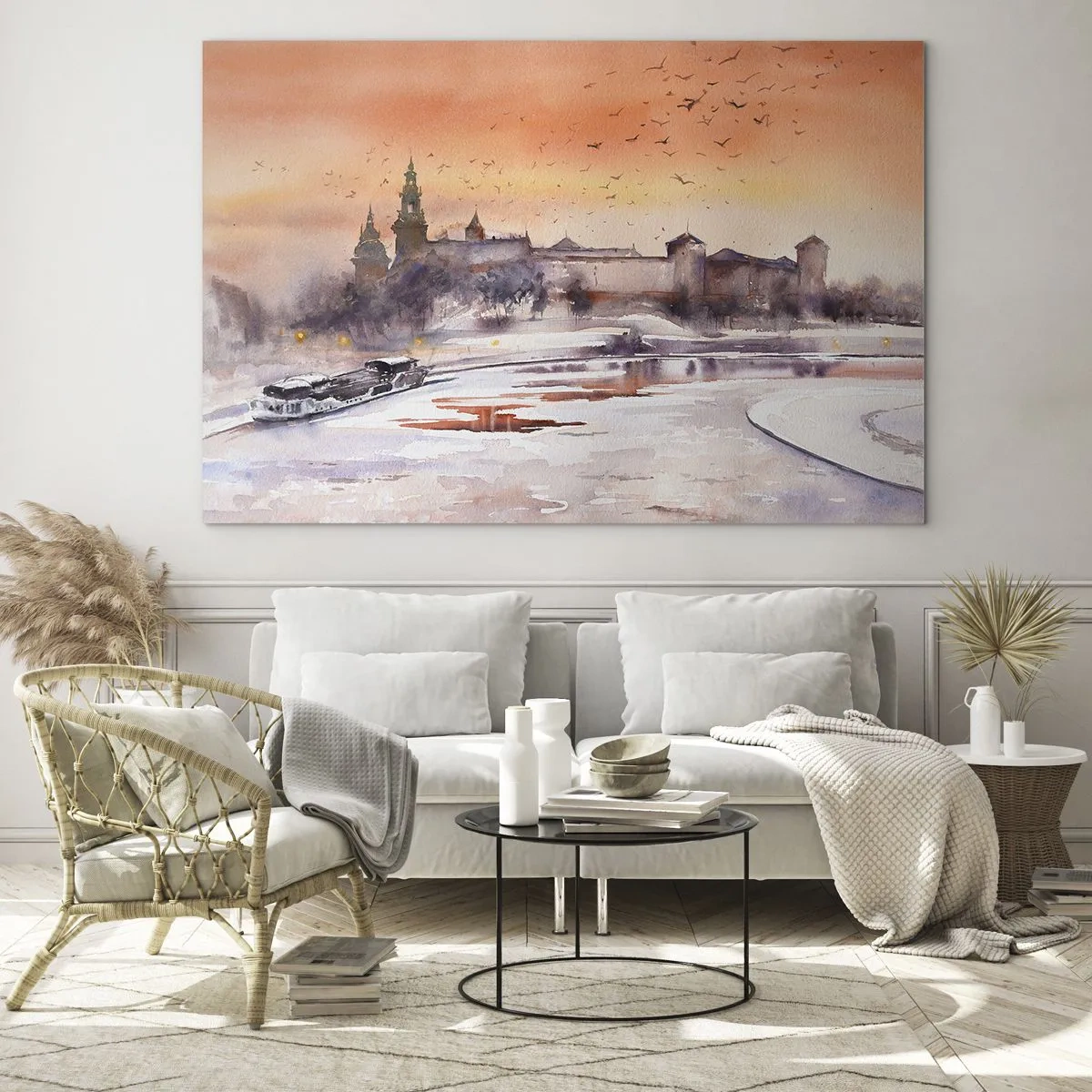 Impression sur verre - Image sur verre - Coucher de soleil sur le château royal et la rivière en hiver - 120x80cm - Coucher de soleil royal - Décoration murale moderne pour le salon et la chambre ARTTOR