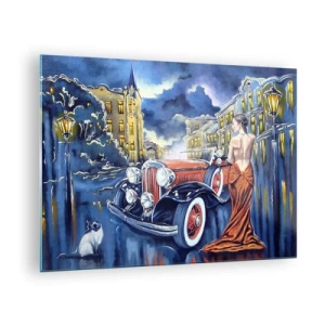 Impression sur verre - Image sur verre - Une femme dans une robe élégante à côté d'une voiture classique - 70x50cm - Nocturne en bleu et corail - Décoration murale moderne pour le salon et la chambre ARTTOR