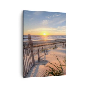 Impression sur toile - Image sur toile - Plage au coucher du soleil avec clôture en bois - 50x70cm - Ombre et brillance du vent - Décoration murale moderne pour le salon et la chambre ARTTOR